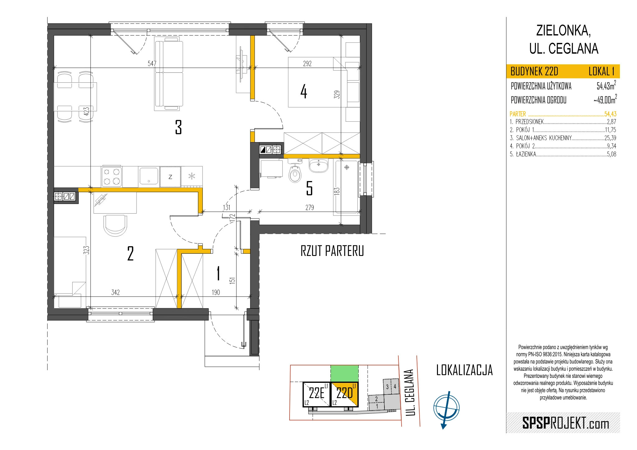 Rzut lokalu 22D/1 — parter, powierzchnia 54,43 m²