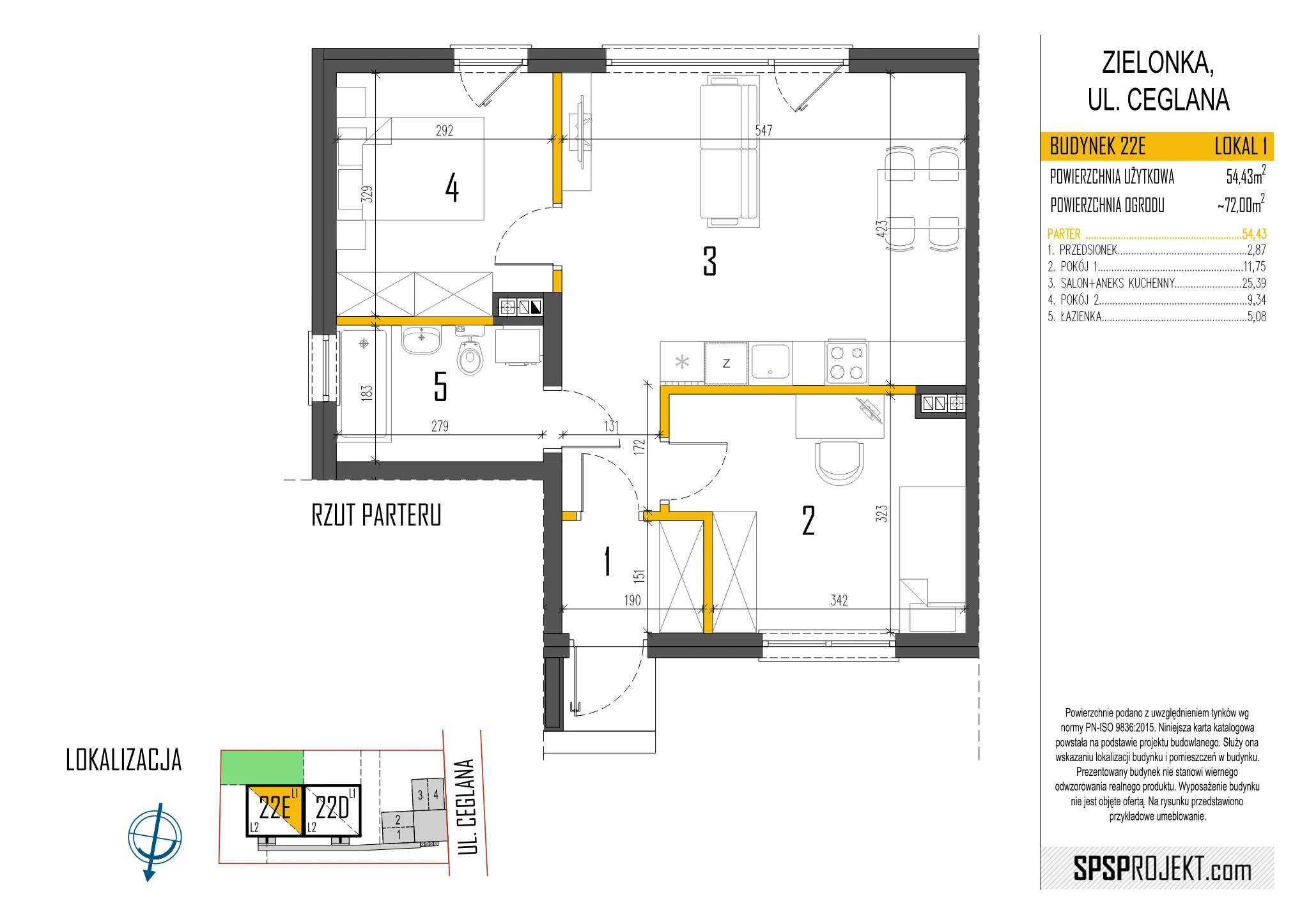 Rzut lokalu 22E/1 — parter, 54,43 m²